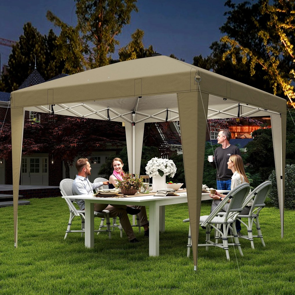 Tenda de jardim 3 x 3 m com iluminação, tenda dobrável com altura ajustável, comando à distância e saco de transporte, cor creme