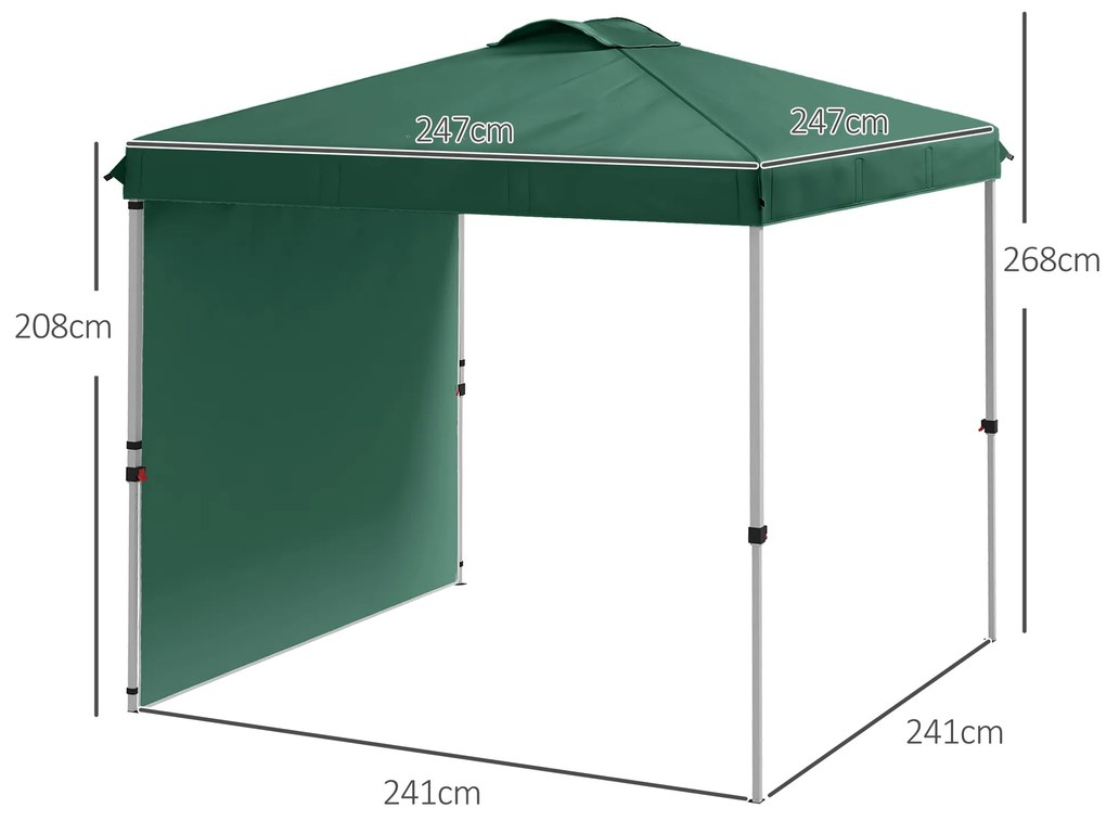 Tenda Dobrável 2,5x2,5 m Tenda de Jardim com 1 Parede Lateral Altura Ajustável para Campismo Festas Verde