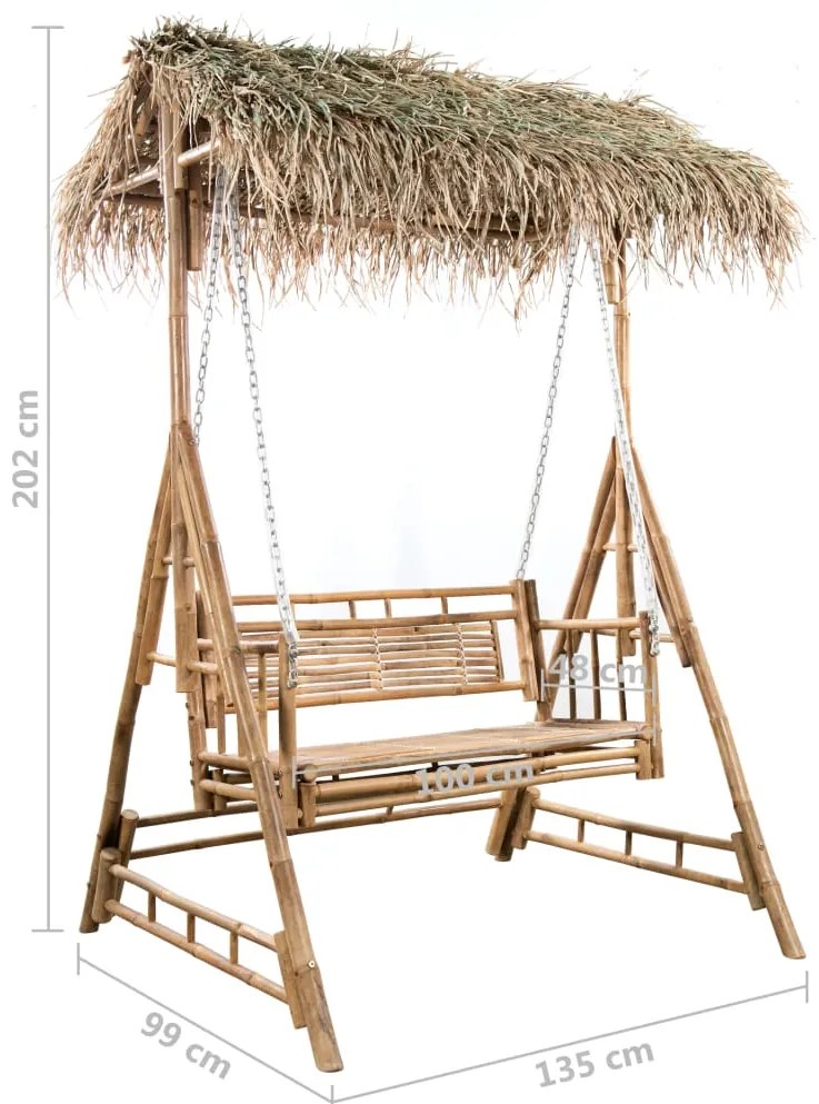 Banco baloiço 2 lug. bambu c/ folhas palmeira e almofadão 202cm