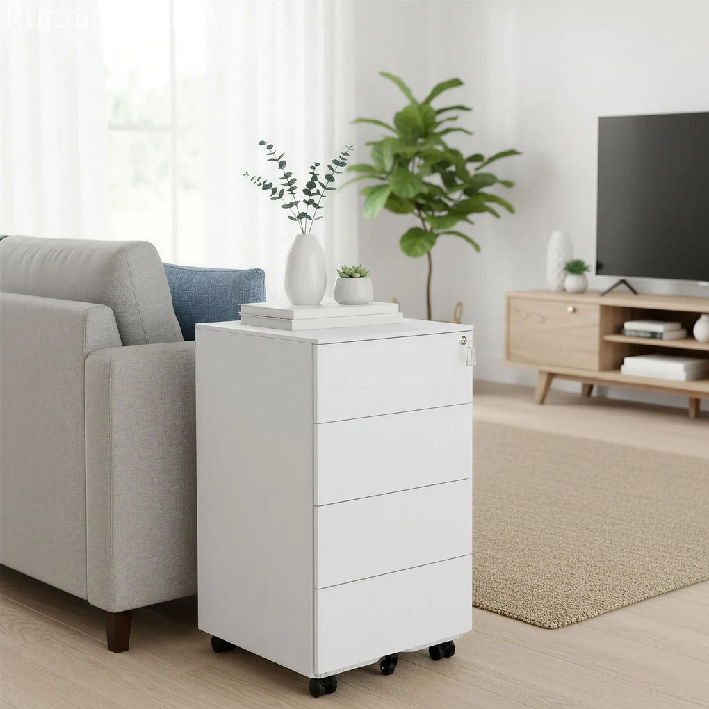 Bloco 4 gavetas para escritório 45,1 x 39 x 69,3 cm com rodas branco