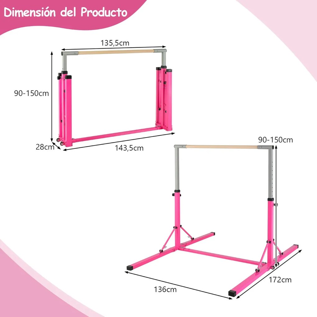 Barra de ginástica infantil dobrável com 13 alturas ajustáveis Estrutura triangular para ginásio em casa Carga 100 kg Rosa