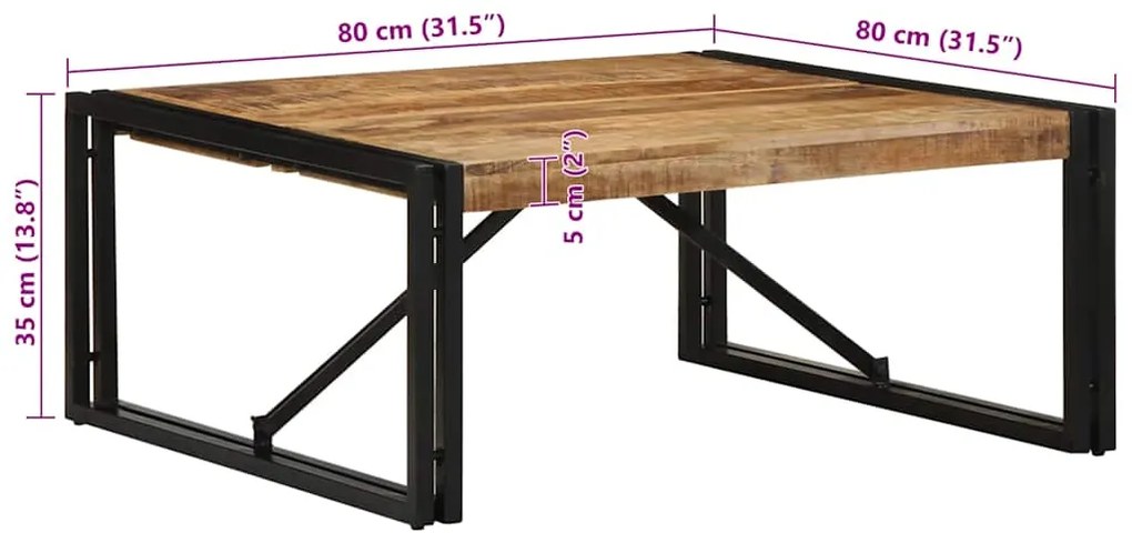 Mesa de centro 80x80x35 cm madeira de mangueira áspera maciça