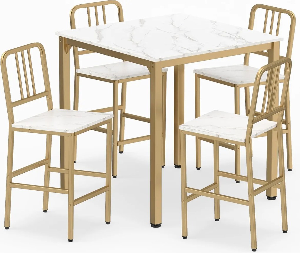 Conjunto de mesa de jantar alta e 4 bancos para 4 pessoas com tampo em imitação de mármore, mesa quadrada moderna branco