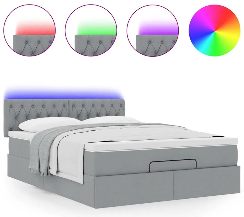 Cama Otomana com Colchão &amp; LEDs Cinzento Claro 140x190cm Tecido