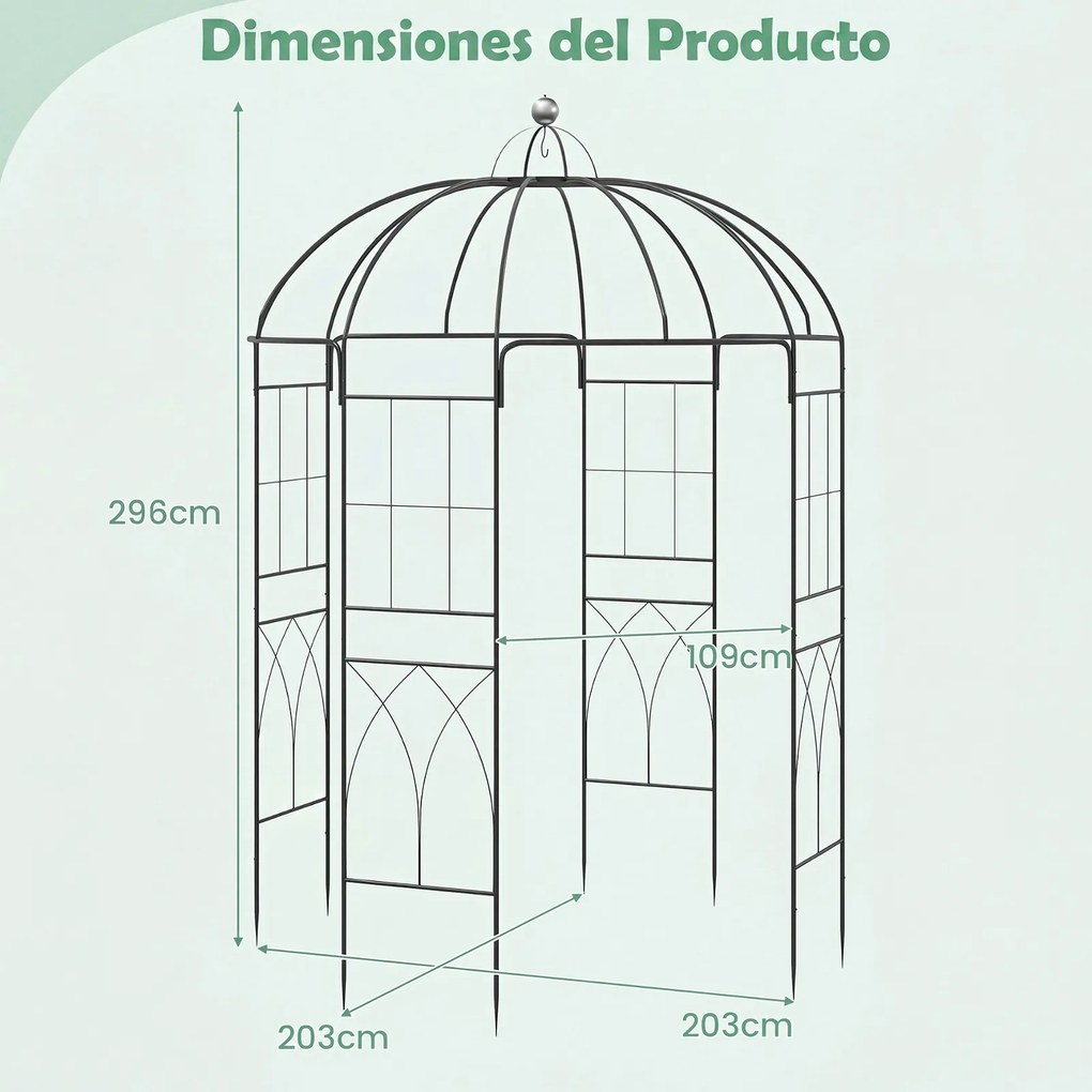Arco de jardim metálico em forma de gaiola de pássaros 203 x 203 x 296 cm, com treliça e gancho para rosas trepadeiras, para pátio traseiro ou terraço