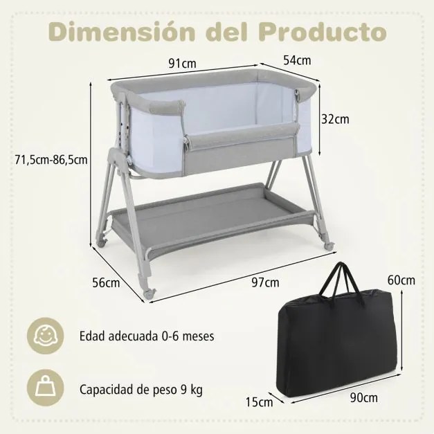 Berço lateral dobrável e portátil para bebés, com 7 alturas ajustáveis, colchão confortável e prateleira de arrumação, 97 x 56 x 86,5 cm, cinzento