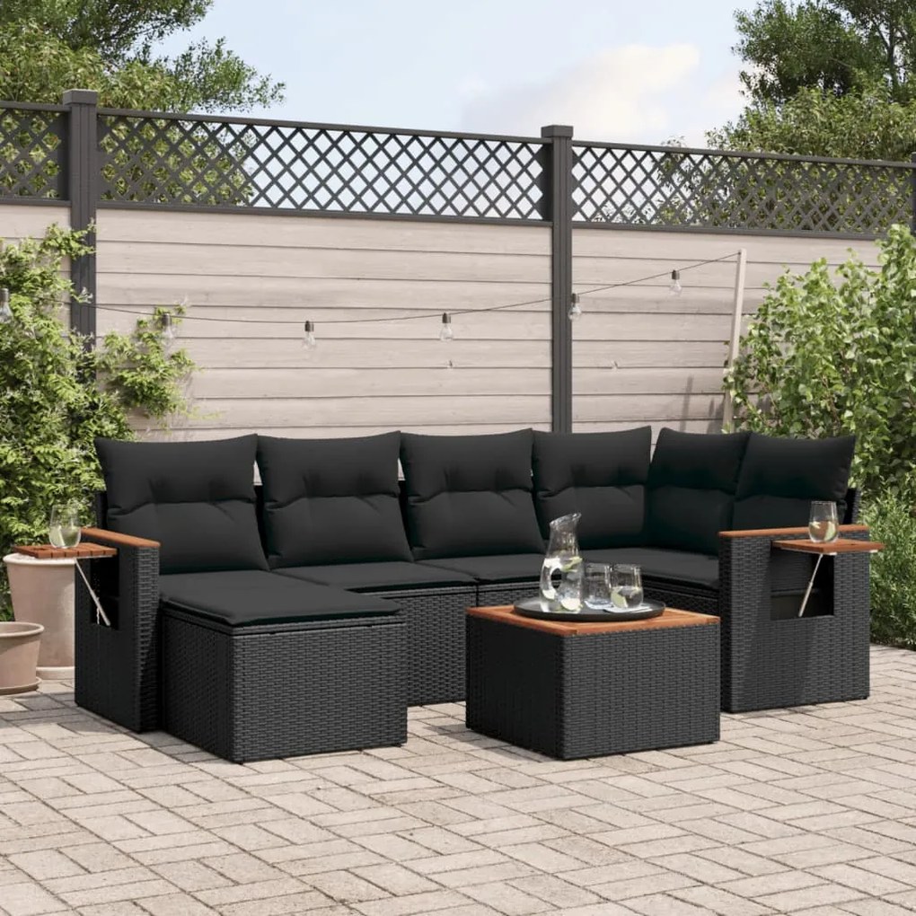 vidaXL 7 pcs conjunto de sofás p/ jardim c/ almofadões vime PE preto
