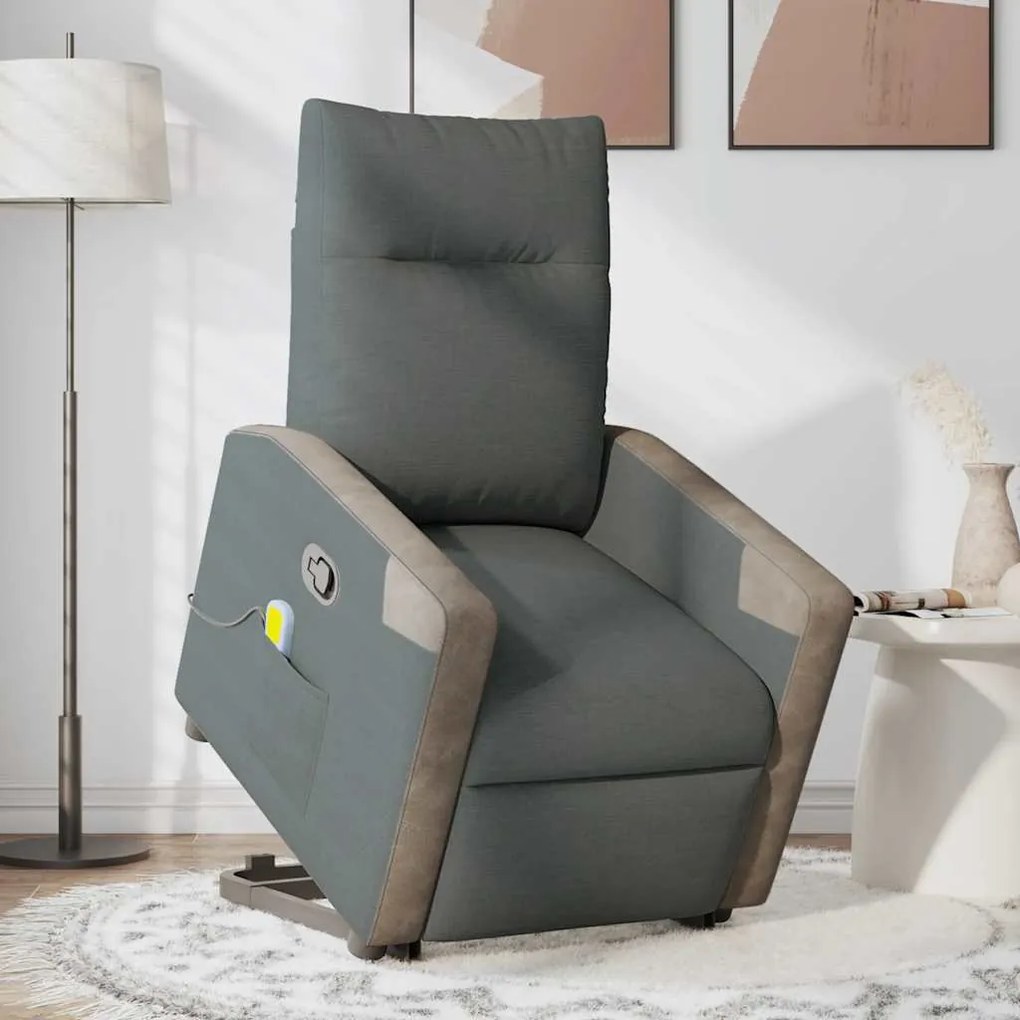 vidaXL Poltrona elevatória de massagens tecido cinzento-escuro