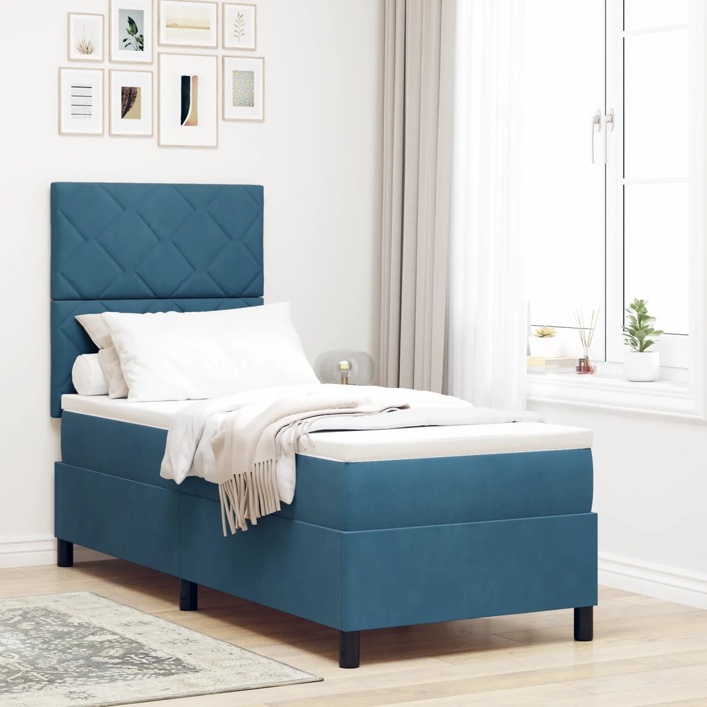 Cama Box Spring com Colchão e LED Azul Escuro 80x200 cm Veludo