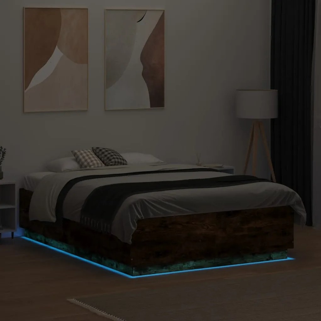 Estrutura cama c/ luzes LED derivados madeira carvalho fumado
