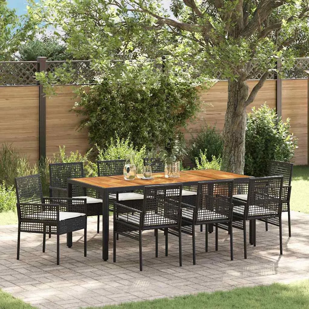 Conjunto de Jantar de Jardim com Almofadas Preto Poliratã