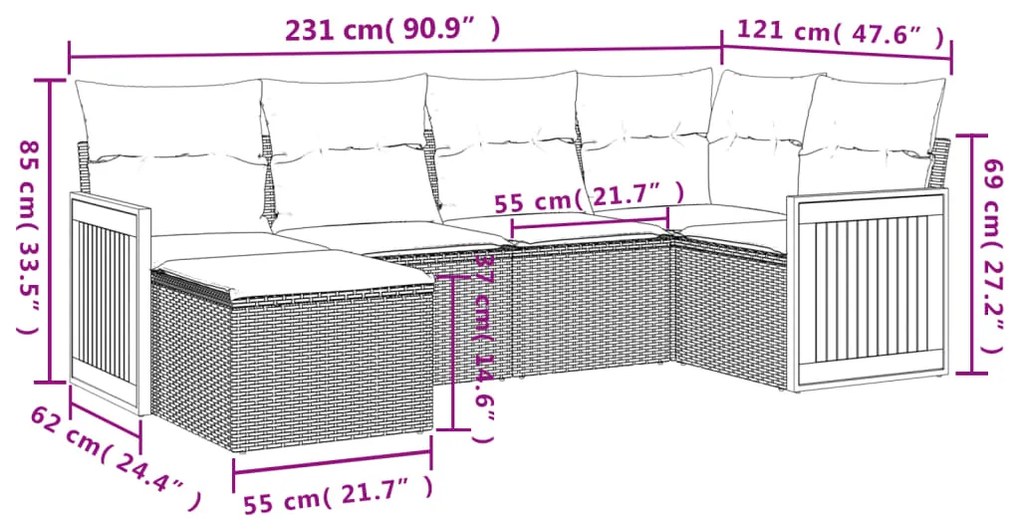 6 pcs conjunto sofás de jardim c/ almofadões vime PE preto