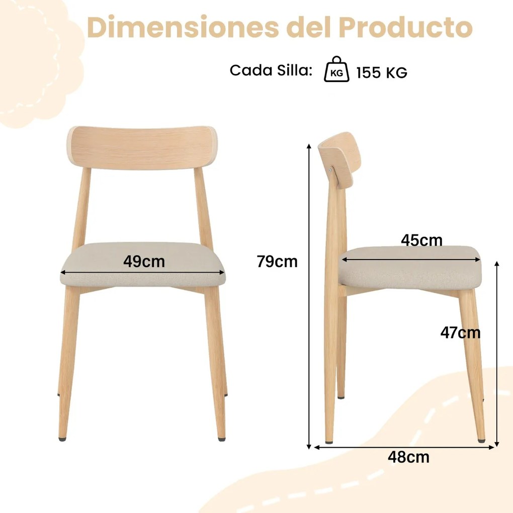Conjunto de 2 cadeiras de jantar modernas (MESA NÃO INCLUIDA) estofadas em tecido de linho com pernas de metal resistentes natural