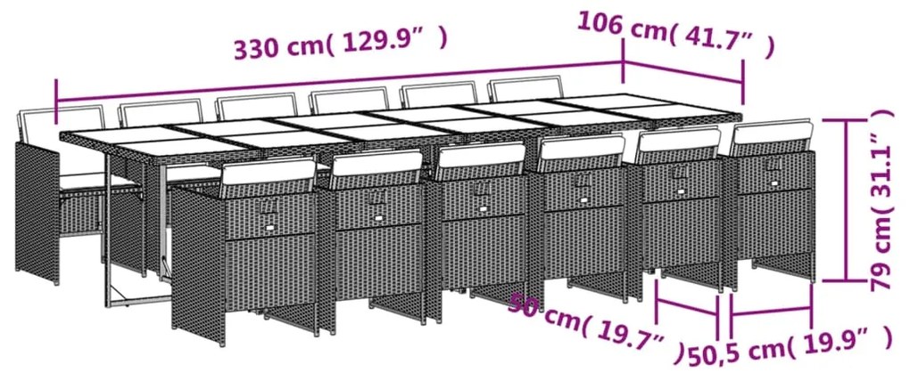 13 pcs conjunto de jantar p/ jardim com almofadões vime PE bege