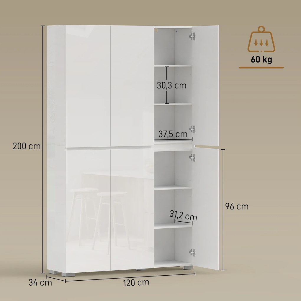 Armário Alto de Cozinha, 120 x 34 x 200 cm, 6 Portas de Fecho Suave, Branco