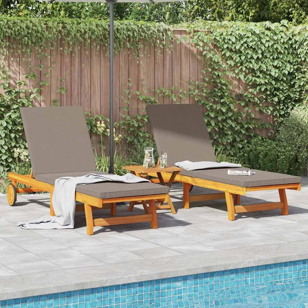 Camas de Sol vidaXL 2 pcs com Rodas e Almofada de Madeira Sólida de Ac