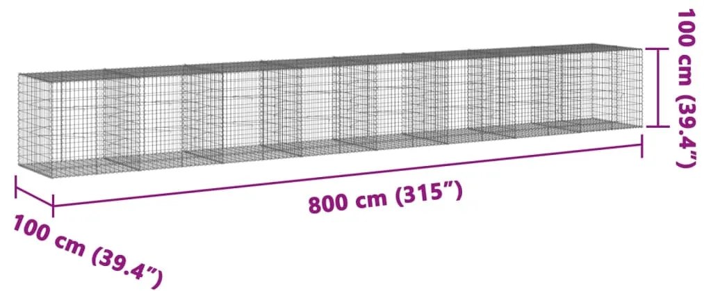 Cesto gabião com cobertura 800x100x100 cm ferro galvanizado