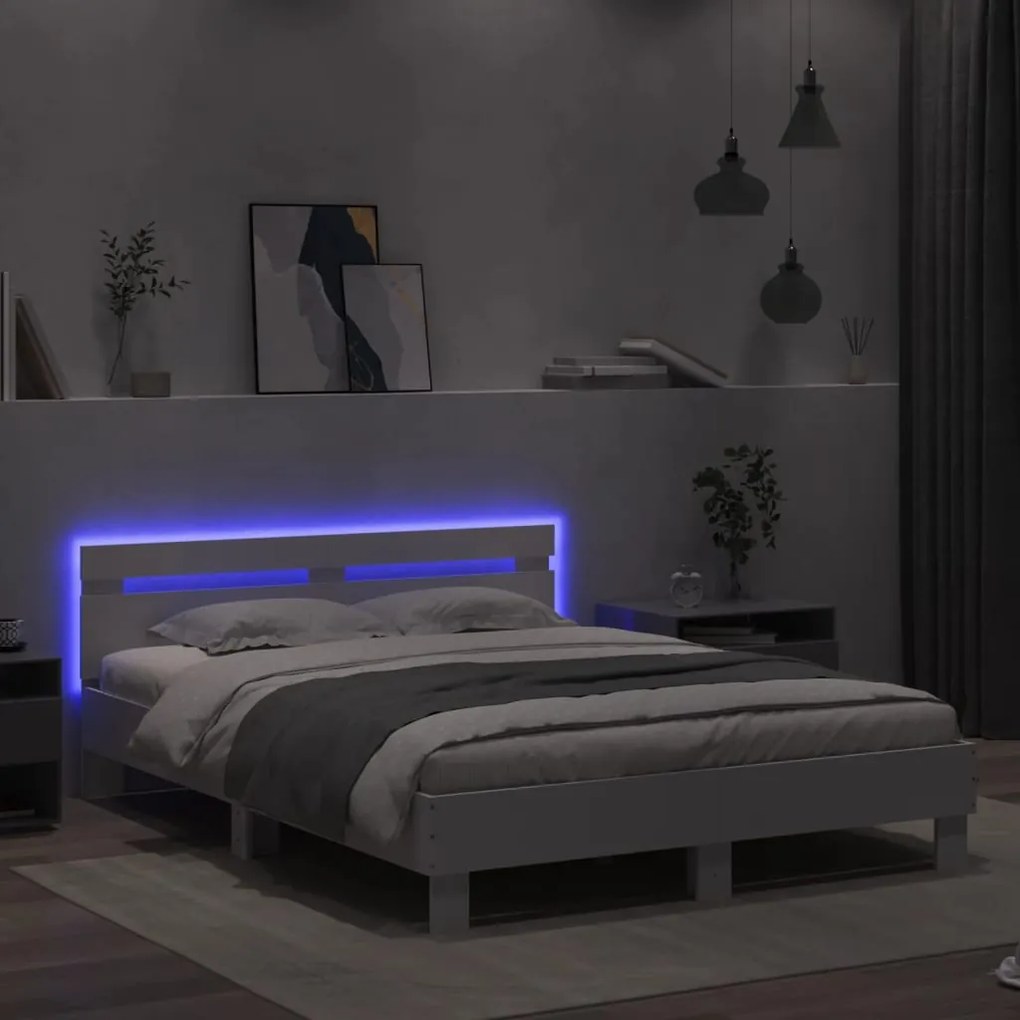 Estrutura de cama com cabeceira e luzes LED 140x200 cm branco