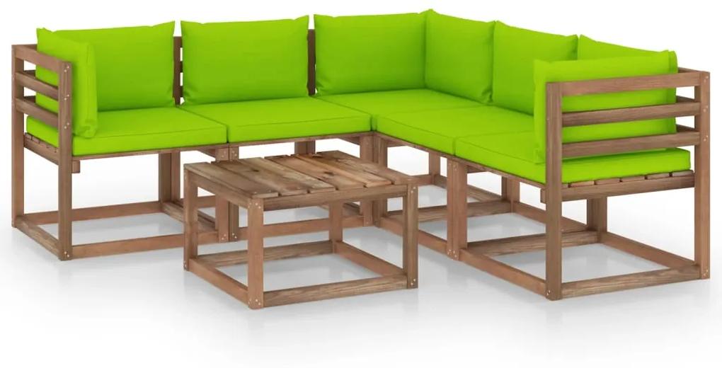 6 pcs conj. lounge almofadões verde brilhante pinho impregnado