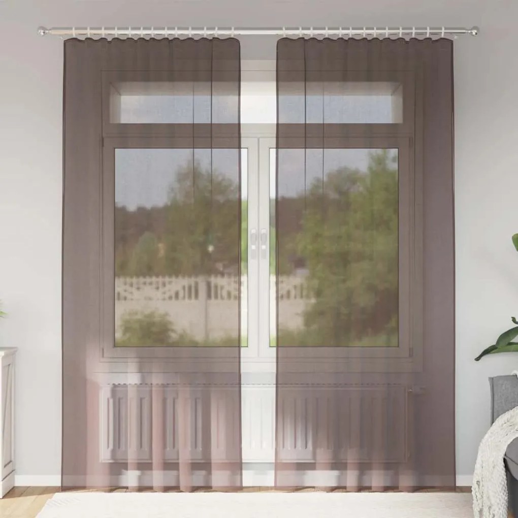 Cortinas de voile com bolsos para varão 2 pcs castanho