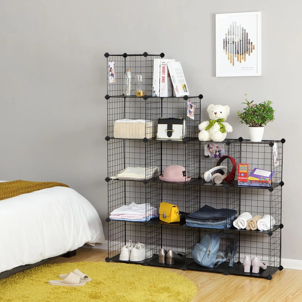 Armario de encaixe Plástico 16 cubos de grelha 123 x 31 x 123 cm preto