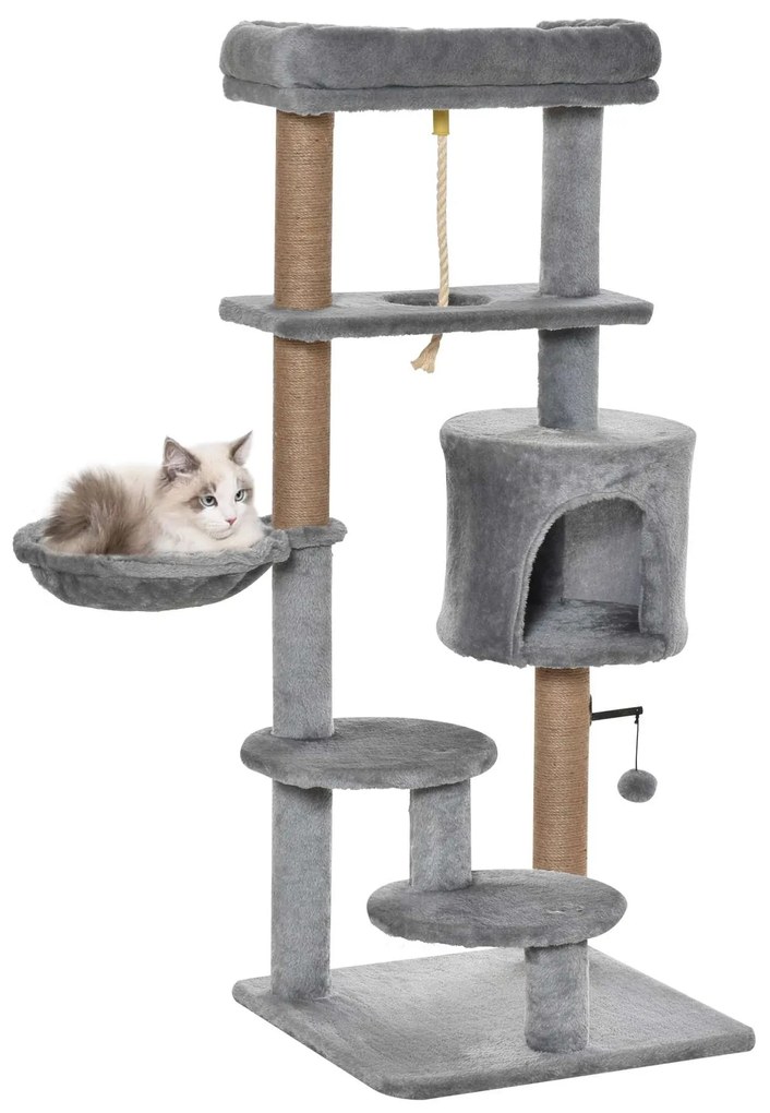 PawHut Árvore Arranhador Gatos Plataforma Caverna Rede Postes Juta Bola Suspensa 48x48x120 cm Cinza