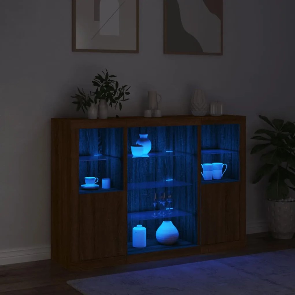 Aparadores c/ LEDs 3 pcs derivados de madeira carvalho castanho