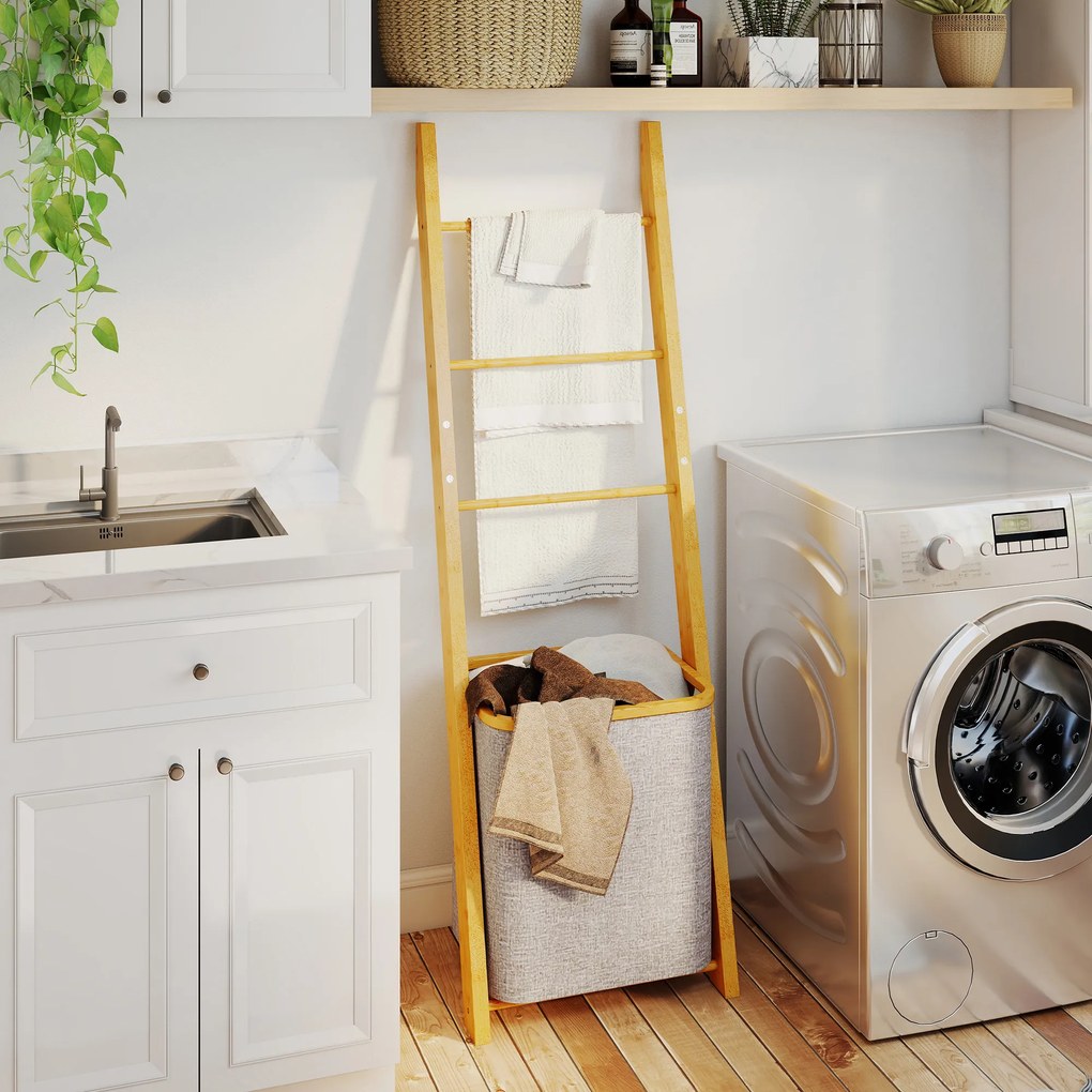 Estante para Casa de Banho de Bambu com 3 Barras e Cesto para Roupa Suja Removível de 48 L 43x35x133 cm Creme e Madeira