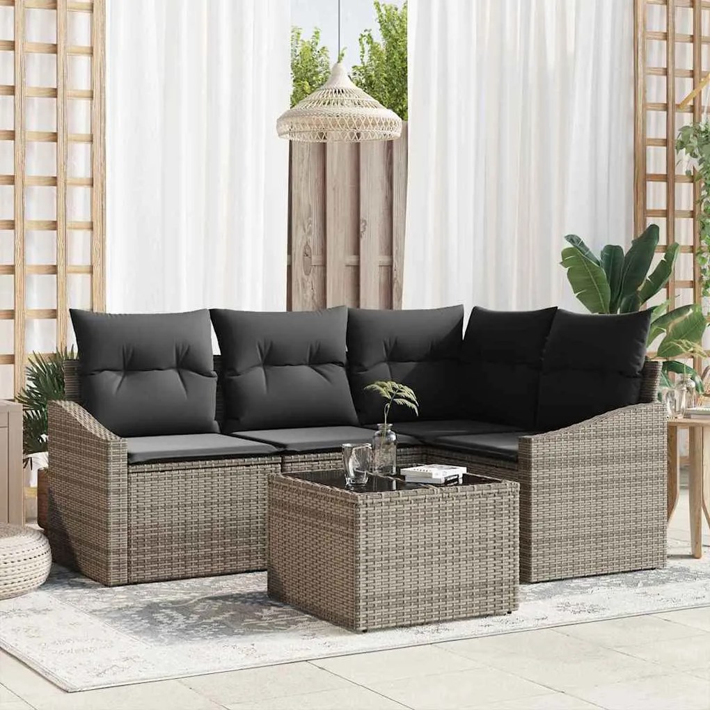 vidaXL Conjunto de Sofá de Jardim com 5 Peças e Almofadas em Rattan Sintético Preto
