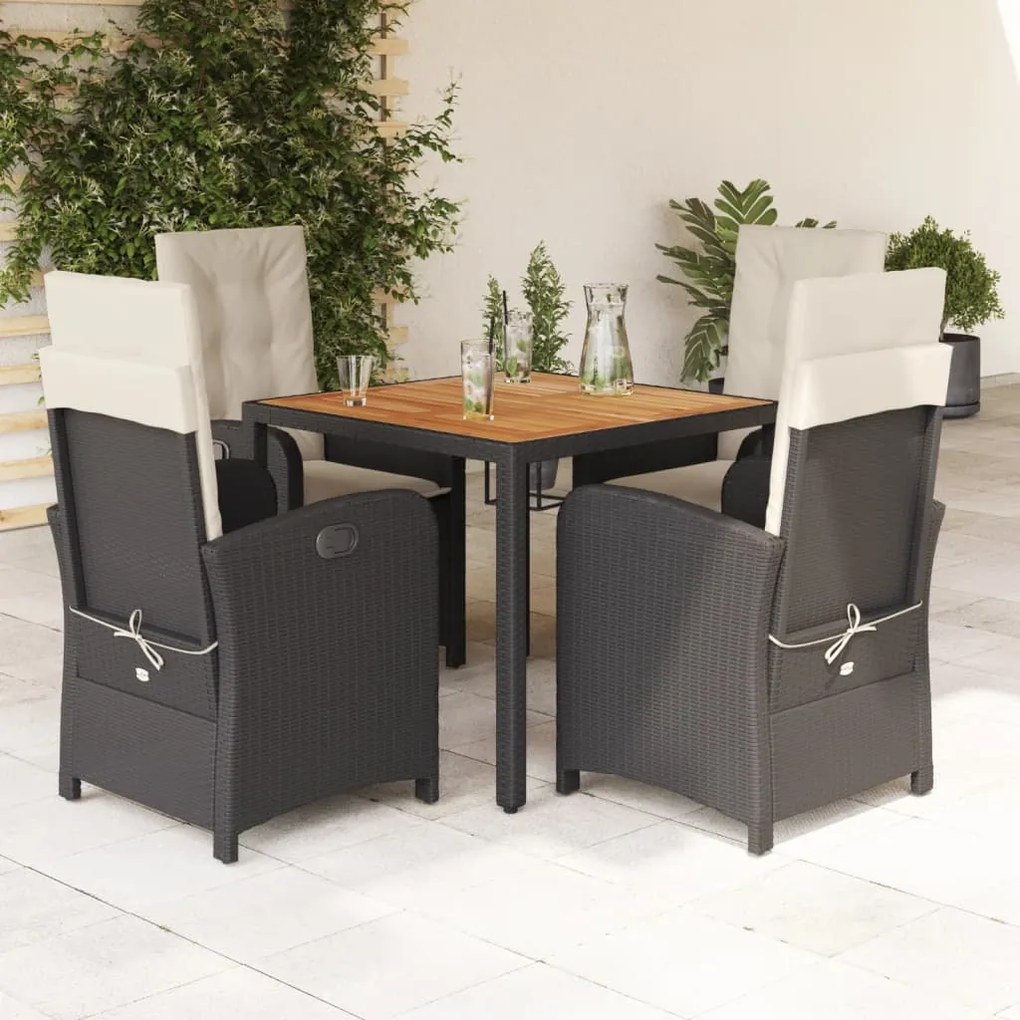 5 pcs conjunto de jantar p/ jardim c/ almofadões vime PE preto
