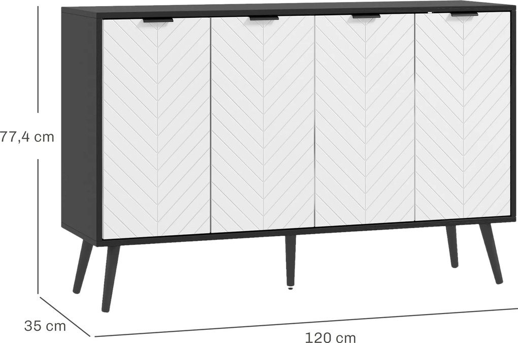 Aparador de 4 Portas, Aparador de Sala com Prateleiras Ajustáveis e Pés de Madeira para Cozinha Branco e Preto 120x35x77,4 cm