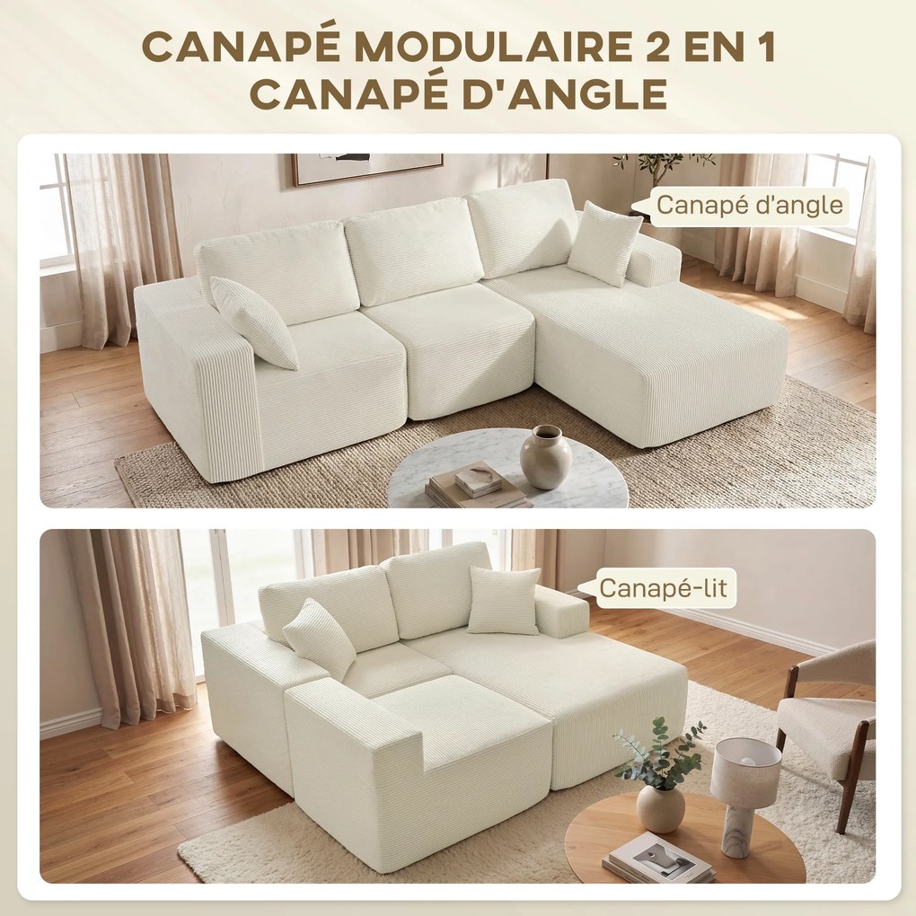 Sofá de canto modular 2 em 1,267 C x 168 L x 85 A cm (forma de L), 192 C x 168 L x 85 A cm (cama), sofá-cama de 3 lugares em veludo canelado, assento
