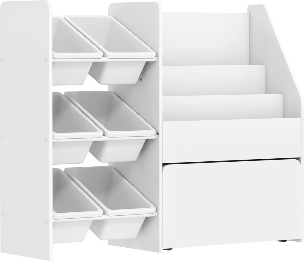 Estante Infantil para Brinquedos com 6 Caixas Removíveis 3 Prateleiras Abertas e Gaveta Inferior com Rodas 100x30x80 cm Branco