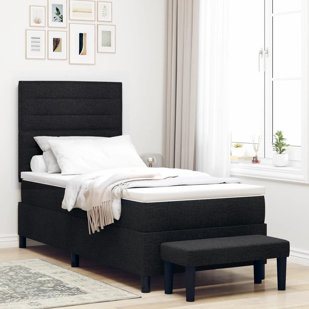Cama Box Spring com Colchão e Banco Preto 90x200 cm Tecido