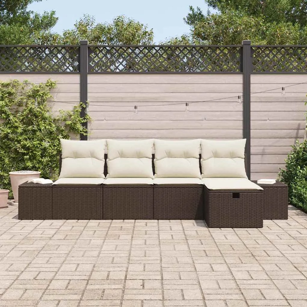 Conjunto de Sofá de Jardim com Almofadas Marrom Rattan Poliéster