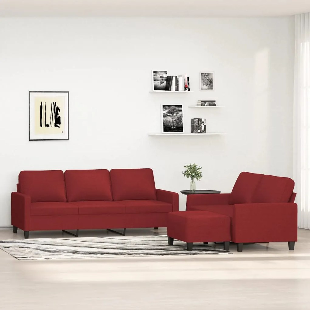vidaXL 3 pcs conjunto de sofás com almofadões tecido vermelho tinto