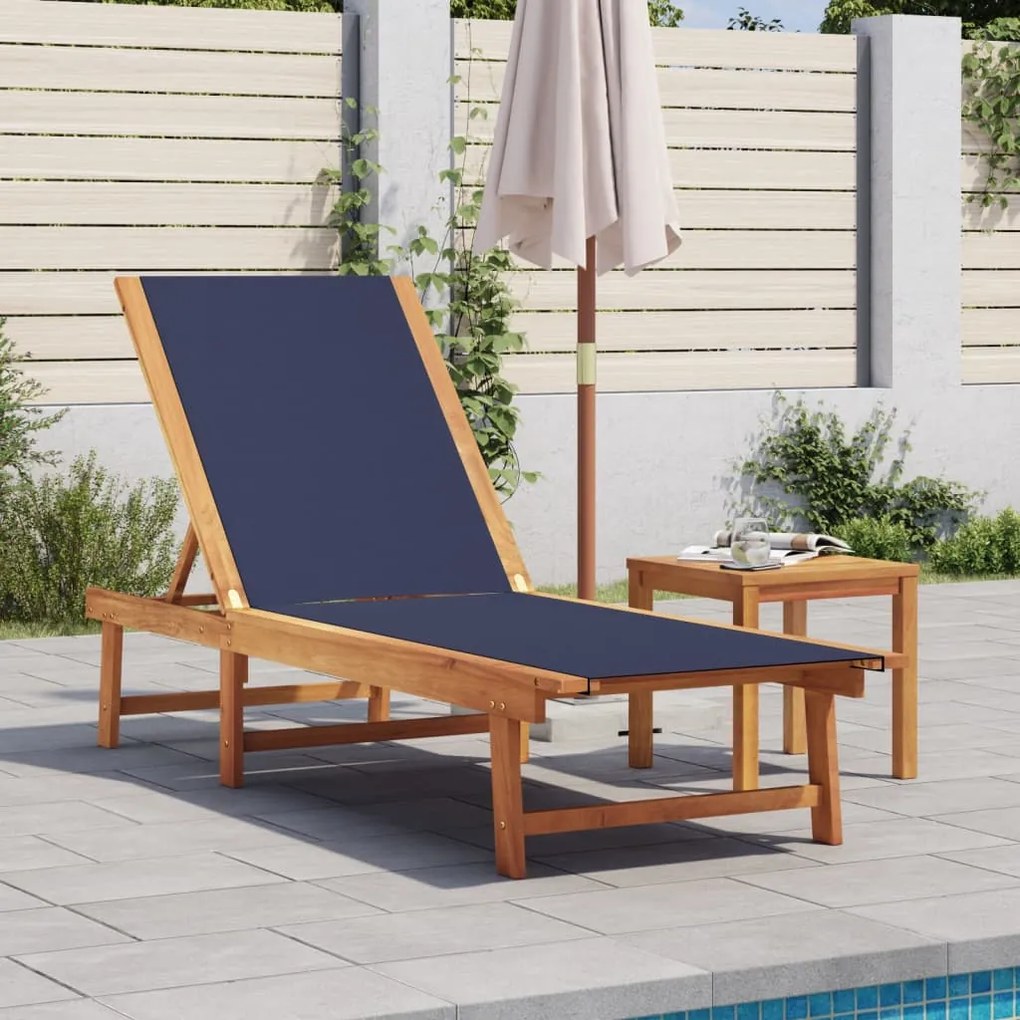 vidaXL Espreguiçadeira com mesa acácia maciça e textilene azul