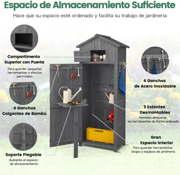Abrigo de jardim 75 x 50 x 180,5 cm exterior Porta com fechadura Organizador de ferramentas Cinza