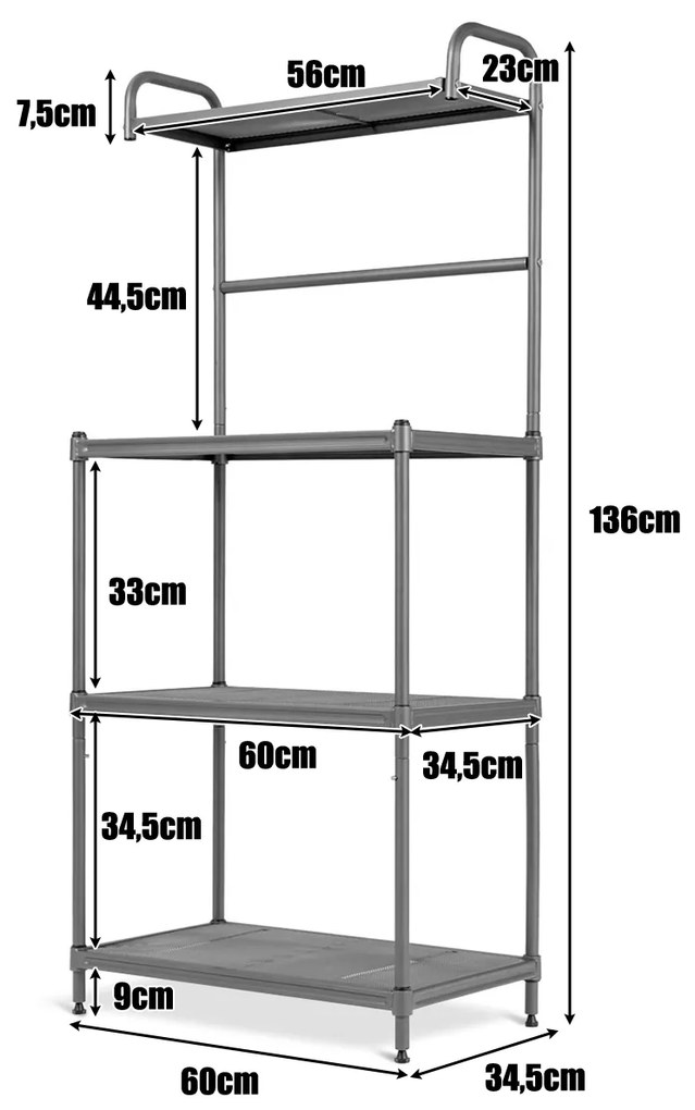 Prateleira de arrumação para cozinha 4 níveis com Prateleira para micro-ondas com estrutura metálica 60 x 34,5 x 136 cm Cinzento