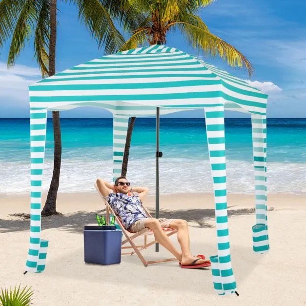 Tenda Guarda-sol de praia portátil com parede lateral amovível Bolsa de transporte 8 sacos de areia Proteção solar Exterior 183 x 183 cm Verde