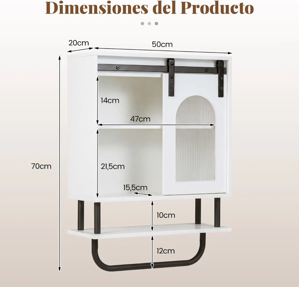 Armário de parede casa de banho 50 x 20 x 70 cm com 3 níveis, porta de correr em vidro e barra metálica Branco