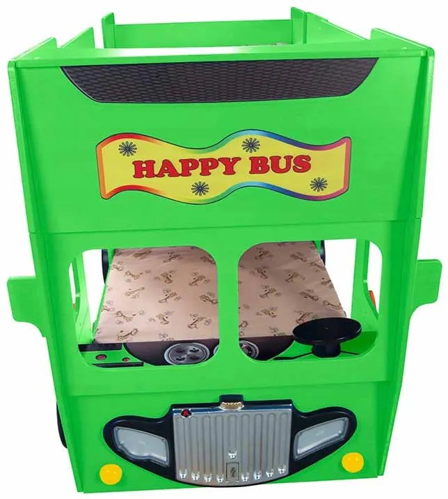 Cama para criança Beliche Autocarro 207 x 116 x 150 cm com Luzes LED 2 colchões e estrados incluídos, capacidade de 100 kg Verde