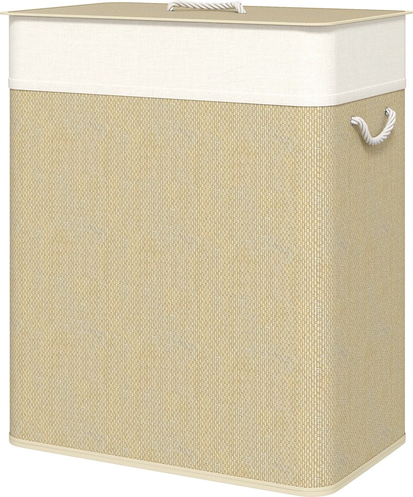 Cesto de roupa suja duplo com tampa 52 x 32 x 63 cm, cesto de roupa suja em bambu de 100 L com alças de corda creme