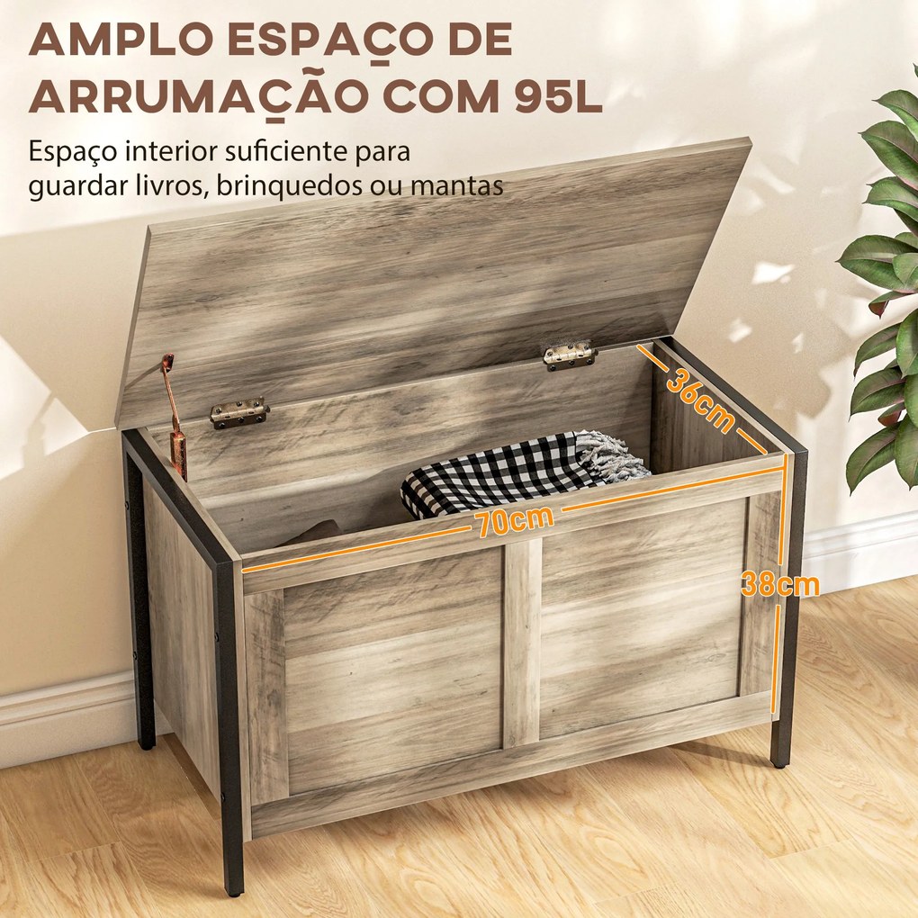Baú de Armazenamento 95L  de Arrumação com Tampa Banco de Armazenamento com Dobradiça de Segurança 80x40x49 cm Cinza Claro