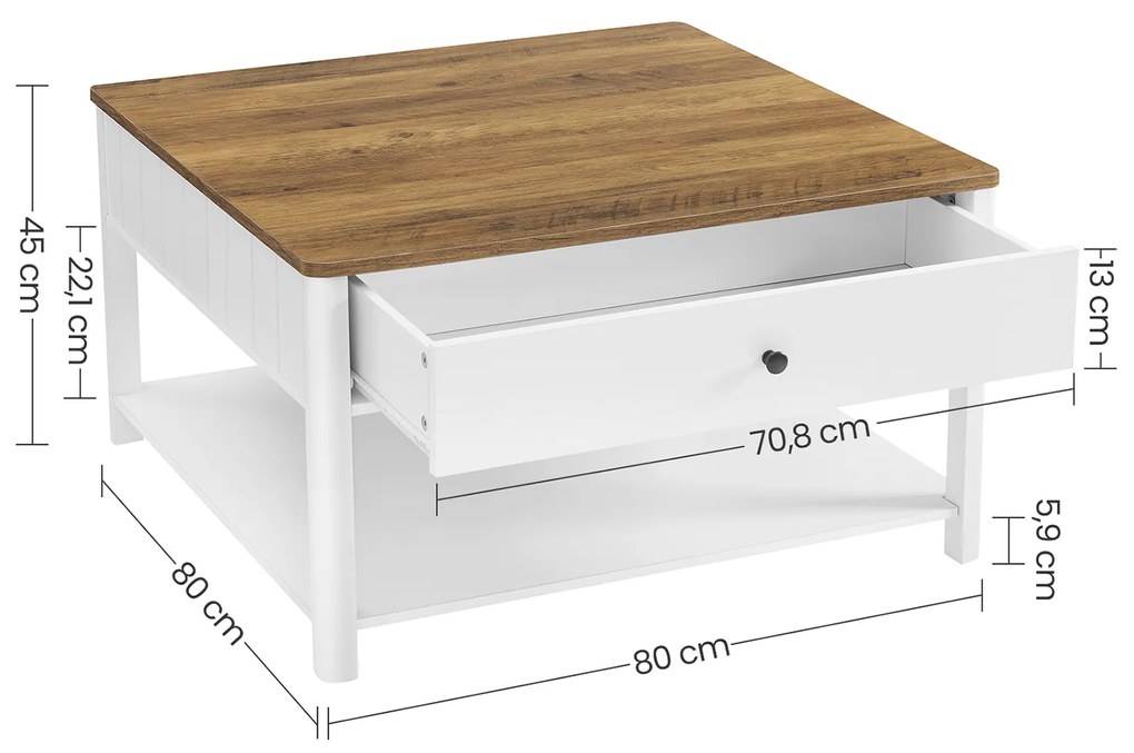 Mesa de centro com 2 gavetas 80 x 80 x 45 cm castanho nogueira-branco