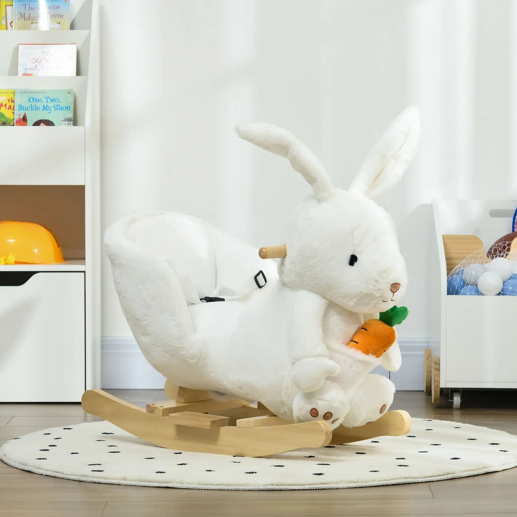 Brinquedo de baloiço em forma de coelho, com função musical, sela de grande conforto, pelúcia curta e macia, madeira de choupo, 18-36 meses, branco