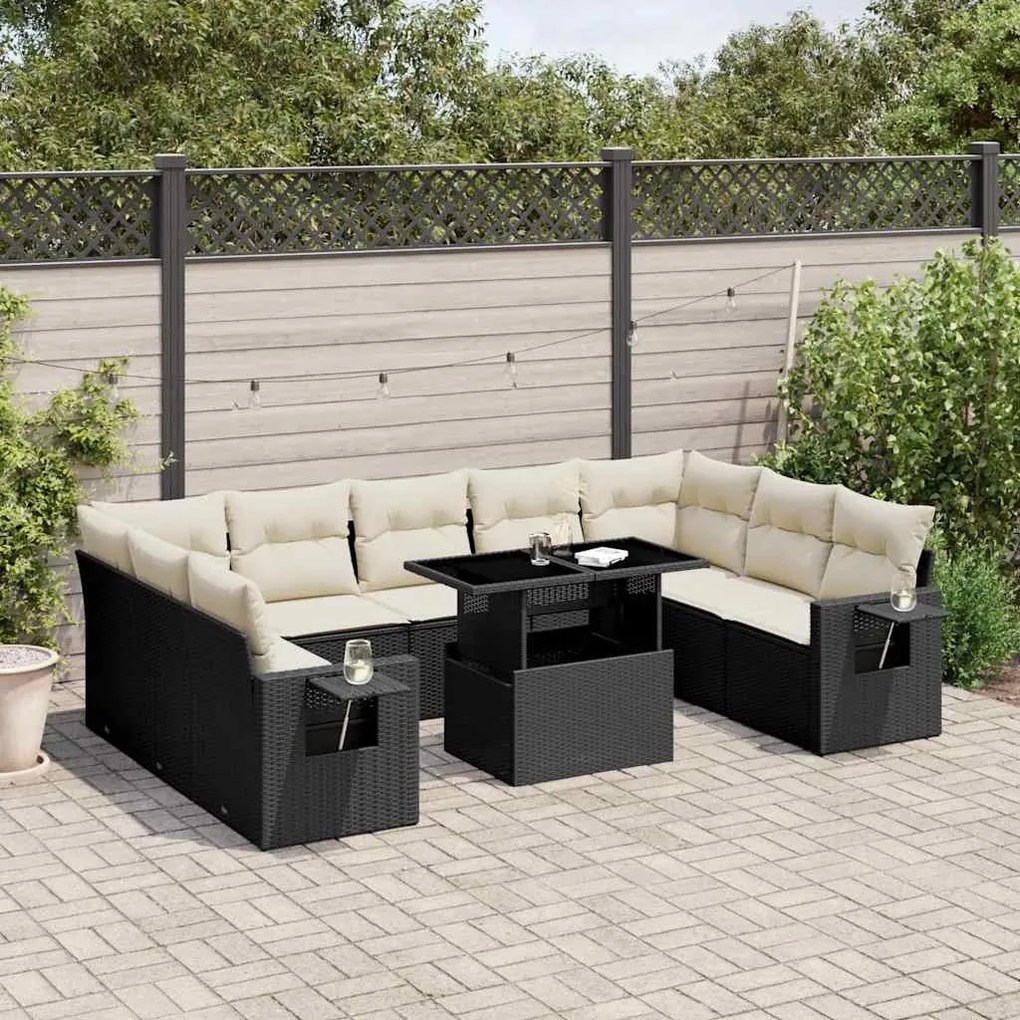 10 pcs conjunto sofás de jardim c/ almofadões vime PE preto