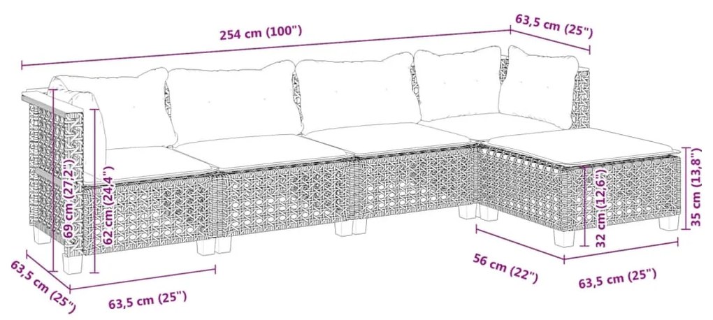 5 pcs conjunto sofás de jardim c/ almofadões vime PE cinzento