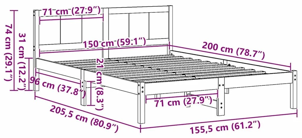 Estrutura de Cama de Madeira de Pinho Castanho Encerado