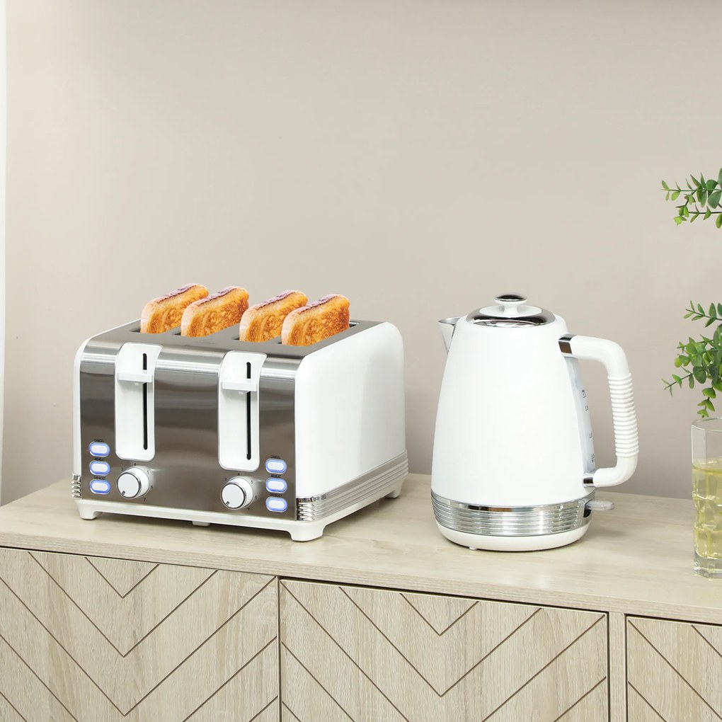 Conjunto de chaleira e torradeira, com chaleira em aço inoxidável de 1,7 L e 2200 W e torradeira para 4 fatias, branca